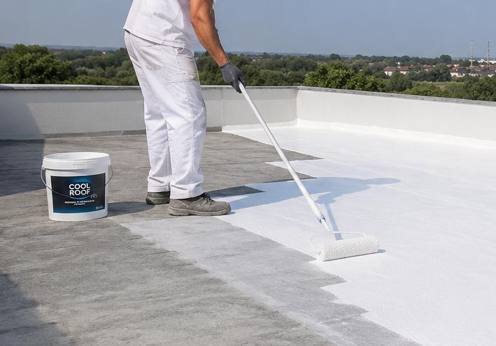 Ouvrier applicant de la peinture blanche sur un toit plat